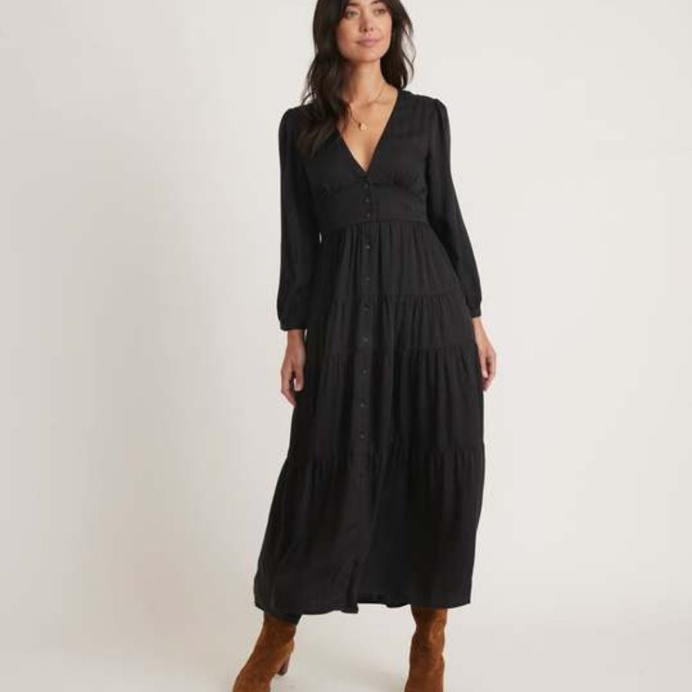 Marine Layer Black Long Sleeve Tiered Button-Front Maxi Dress